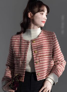Red Houndstooth Cropped Jacket