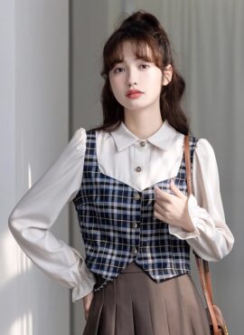 White Splicing Plaid Vest And Shirt