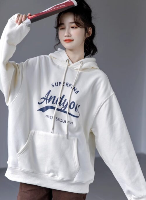 White Super Fine Print Oversized Hoodie