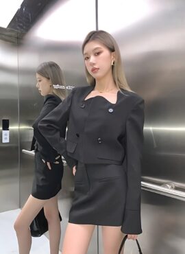 Black Irregular Neckline Suit Blazer Jacket And Skirt Set | Kang Ji Won - Marry My Husband