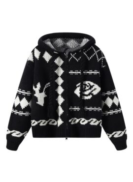Black Patterned Hooded Knit Jacket | Karina – Aespa
