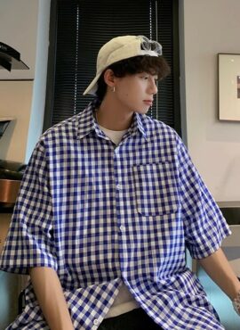 Blue Gingham Short Sleeves Shirt | Junghwan - Treasure