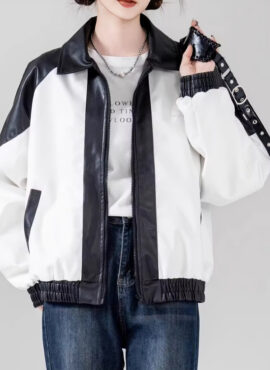 White And Black Contrast Faux Leather Jacket | Changbin - Stray Kids
