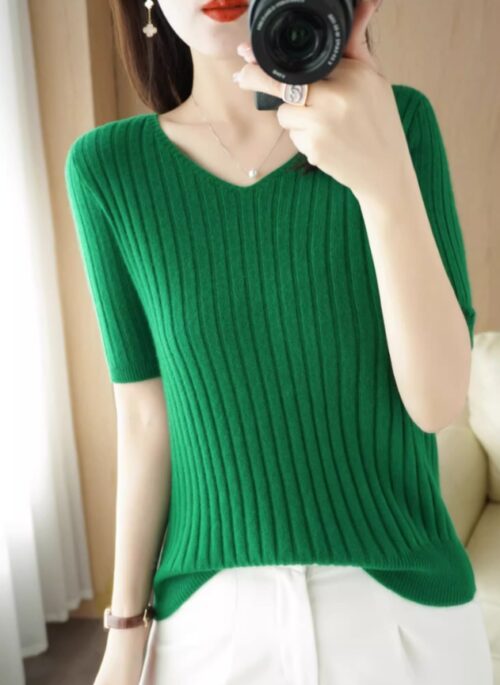 Green Ribbed V-Neck T-Shirt | Kang Ji Won – Marry My Husband