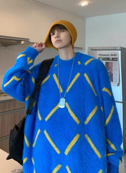 Blue Criss Cross Design Mohair Sweater | Jeongwoo – Treasure