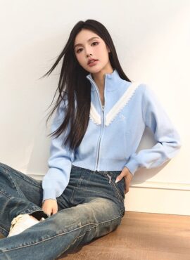 Blue Crop Cardigan With Lace Accent | Jihyo – Twice