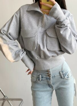 Grey Half-Zip Collared Sweatshirt | Lisa - BlackPink