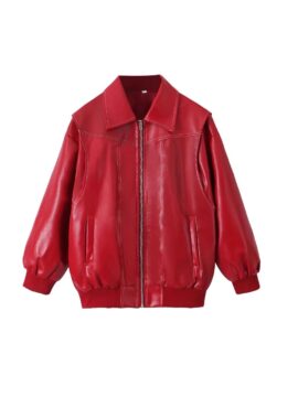 Red Faux Leather Collared Bomber Jacket | Jennie - BlackPink