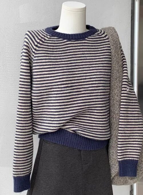 Blue Striped Crewneck Sweater | Rose - BlackPink