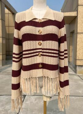 Beige Stripe Fringe Knit Cardigan | Wendy – Red Velvet