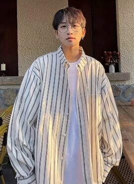 White Striped Oversized Collared Shirt | Jaehyuk - Treasure
