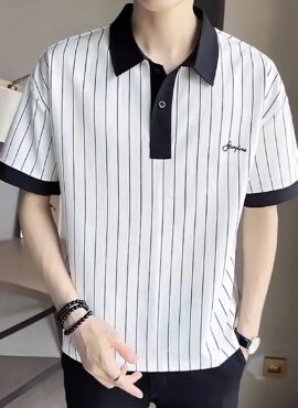 White Stripes Polo Shirt With Black Collar | Jeongin - Stray Kids