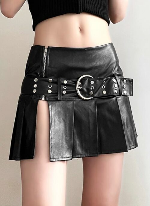 Black Pleated Faux Leather Mini Skirt | Ruka - BabyMonster