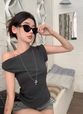 Grey Asymmetrical One Shoulder Top | Wonyoung - IVE