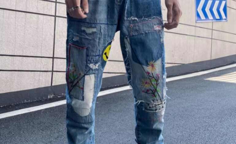 Blue Patchwork Distressed Jeans | Jimin – BTS