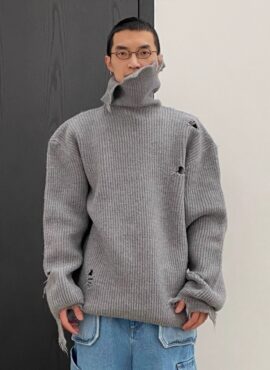 Grey Turtleneck Distressed Sweater | Jisung - NCT