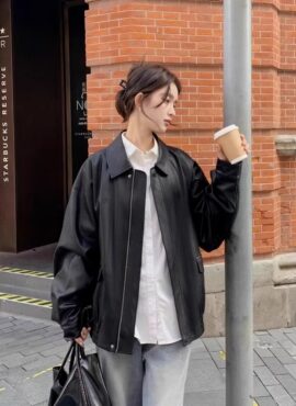 Black Retro Faux Leather Jacket | Taehyung - BTS
