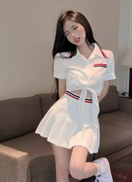 White Pleated Skirt With Red And Blue Banded Waist | Lisa - BlackPink