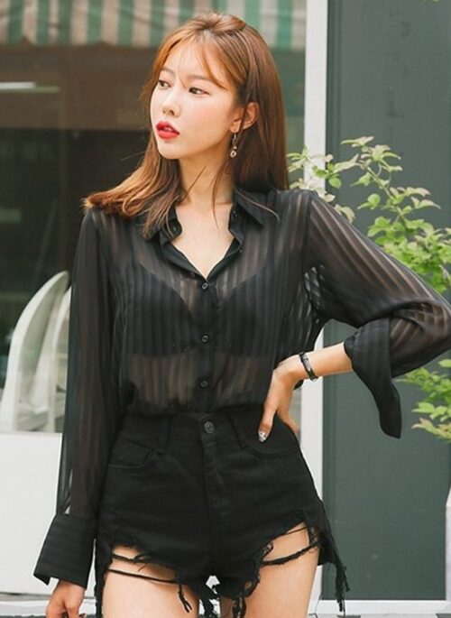 Black Sheer Striped Blouse | S.Coups - Seventeen