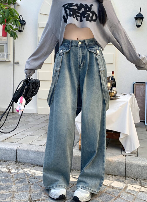 Blue Straight Cut Denim Jeans With Suspenders | Yeji – ITZY