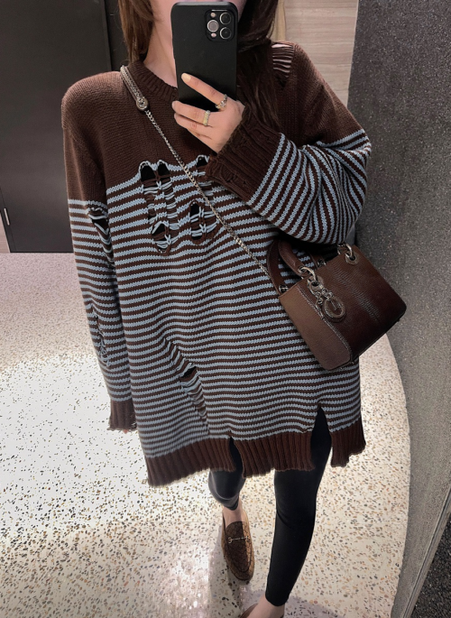 Brown Striped Distressed Sweater | Jimin - BTS
