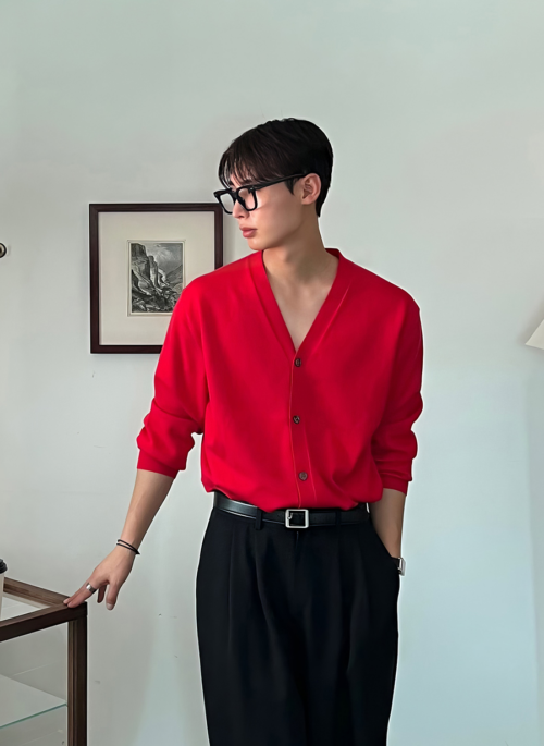 Red V-Neck Buttoned Cardigan | Jeonghan – Seventeen