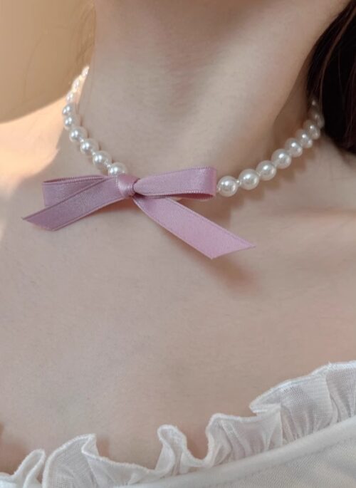 White Pearl Necklace With Pink Bow | Wonyoung - IVE