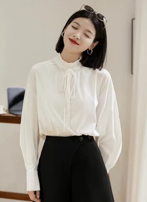 White Pleated Collar Long Sleeve Blouse | Sunghoon – Enhypen