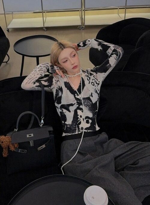 Black And White Newspaper Print Cardigan | Winter - Aespa