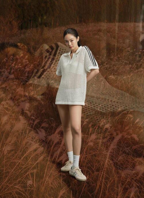 White Striped Hollow Polo Shirt | Jennie - BlackPink