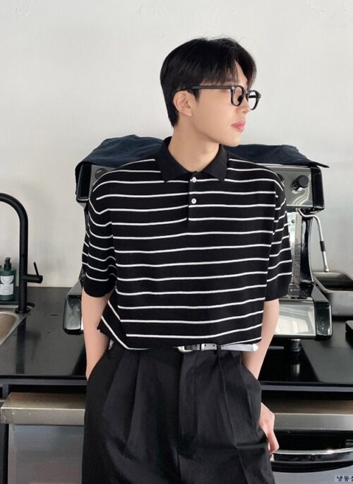 Black Striped Casual Polo Shirt | Changbin – Stray Kids