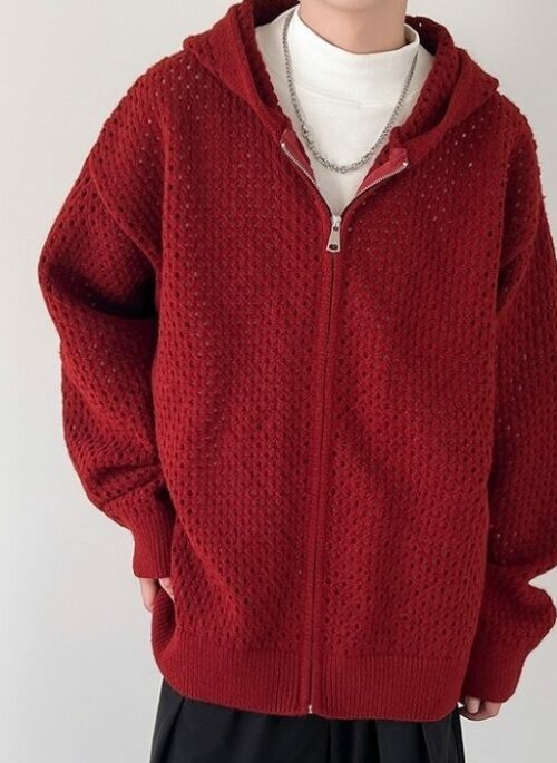 Red Hollow Knit Hooded Jacket | LeeKnow – Stray Kids