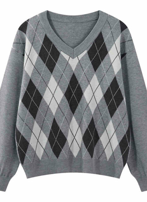 Grey Argyle V-Neck Knit Sweater | Jeno – NCT