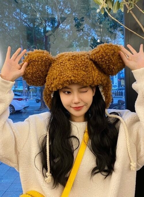 Brown Plush Bear Winter Hat | Rose - BlackPink