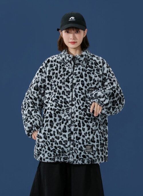 Grey Leopard Print Plush Winter Jacket | Rei – IVE