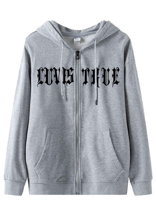 Grey “Loves True” Zip-Up Hooded Jacket | Hyein – NewJeans