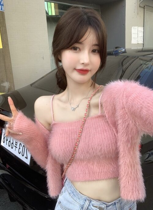 Pink Mohair Top And Cardigan Set | Jisoo - BlackPink
