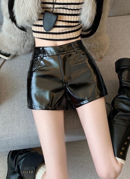 Black Glossy Faux Leather Shorts | Jennie - BlackPink