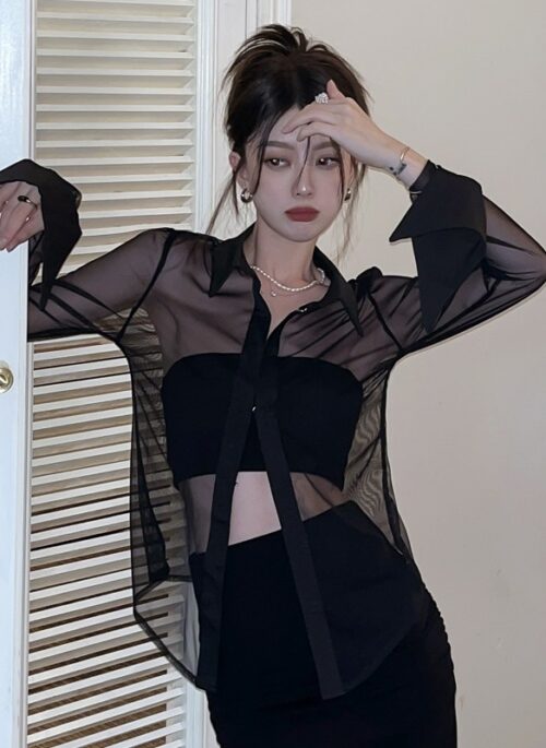 Black Long Sleeve Collared Sheer Shirt | Rose - BlackPink