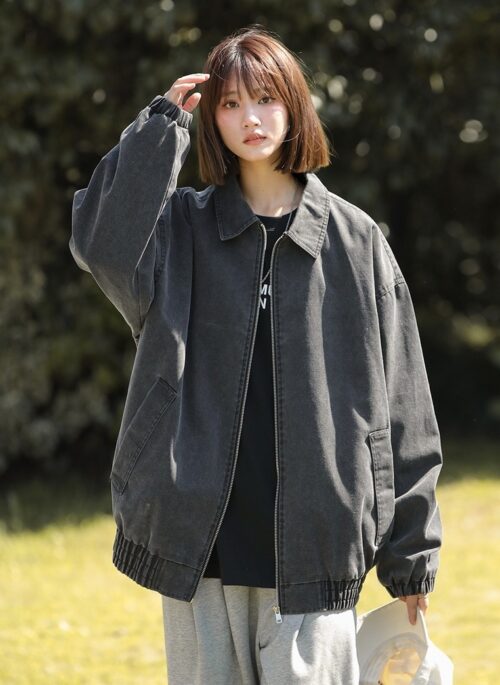 Black Washed Zip-Up Collared Jacket | Haruto - Treasure