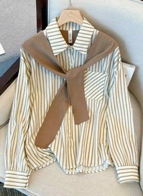 Brown Two-Piece Illusion Stripes Shirt And Sweater Shawl | Jennie - BlackPink