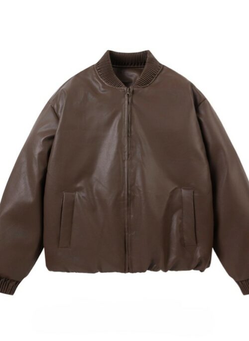 Dark Brown Faux Leather Bomber Jacket | Jin – BTS
