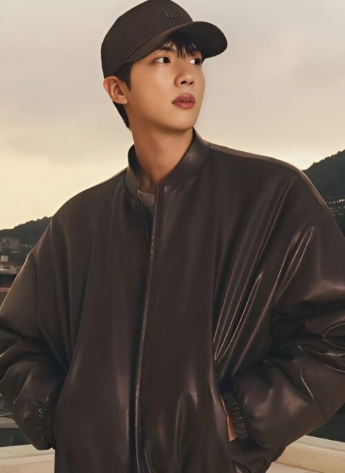 Dark Brown Faux Leather Bomber Jacket | Jin – BTS