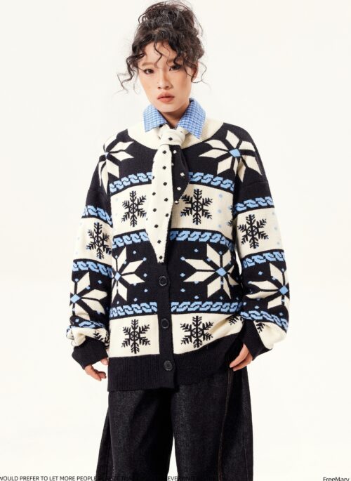 Black And Beige Snowflake Patterned Cardigan | Jisung - Stray Kids