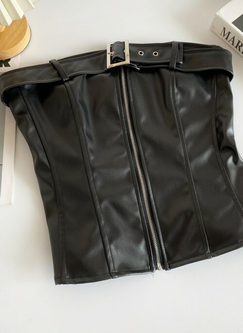 Black Faux Leather Zip-Up Tube Top | Winter – Aespa