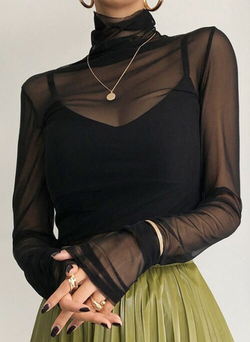 Black Long Sleeve Sheer Top | Bae - NMIXX