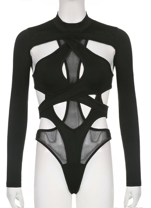 Black Overlapped Hollow Bodysuit | J - STAYC