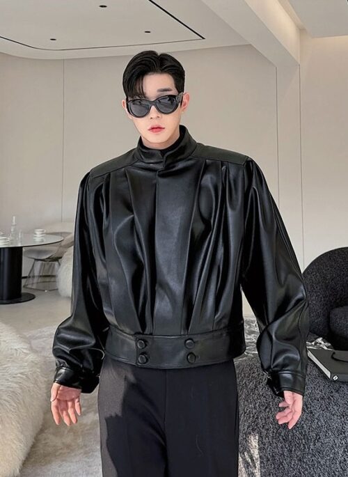 Black Pleated Faux Leather Jacket | Jennie - BlackPink