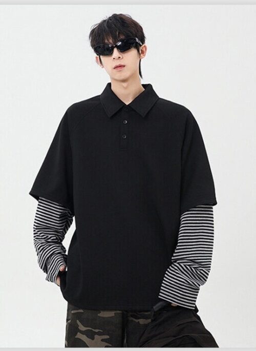 Black Striped Long Sleeve Layered Polo Shirt | Haruto - Treasure