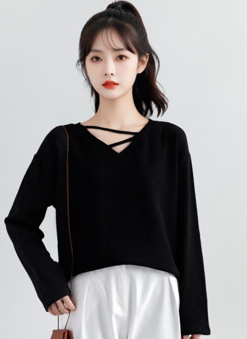 Black Vneck Long Sleeve Top